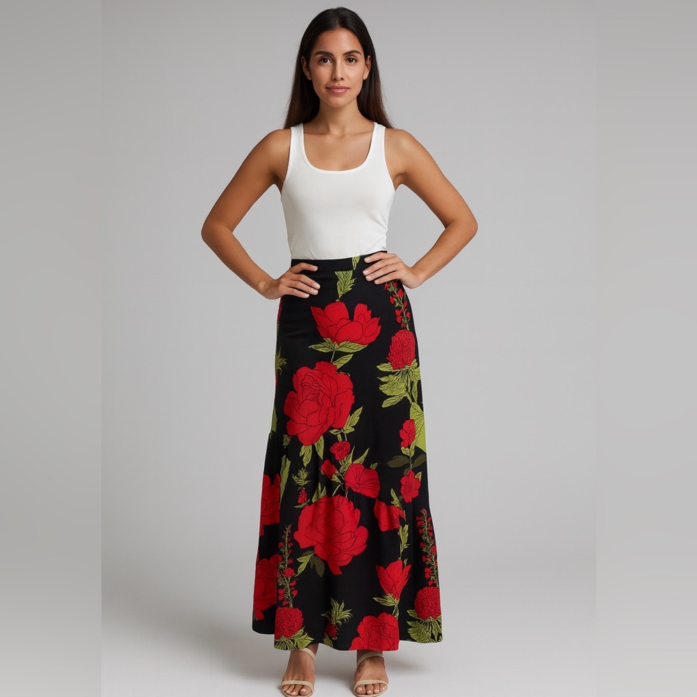 Farm Rio Floral Maxi Slip Skirt Asymmetrical Ruffle Red Black Small S - Picture 9 of 11